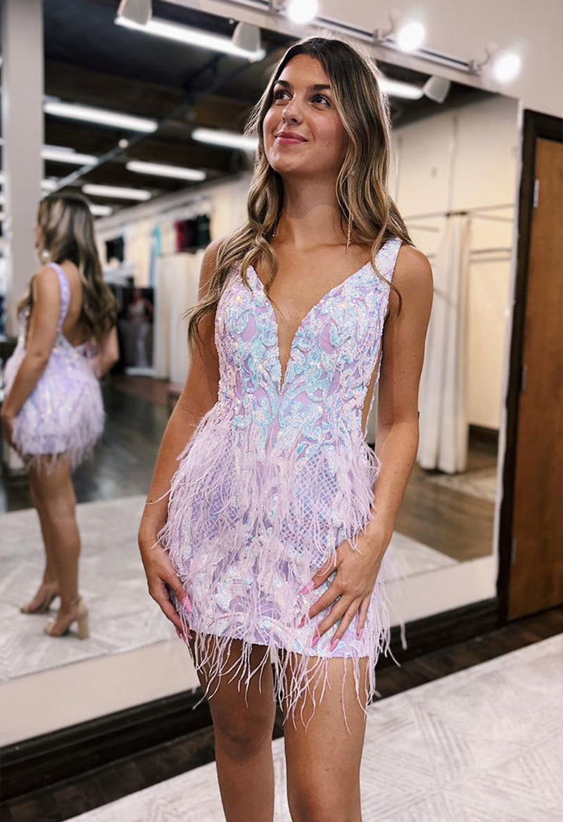 Deep V Neck Sleeveless Sequined Feather Short Homecoming Dress