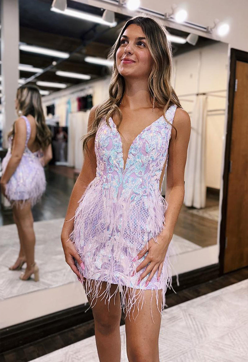 Deep V Neck Sleeveless Sequined Feather Short Homecoming Dress Pink