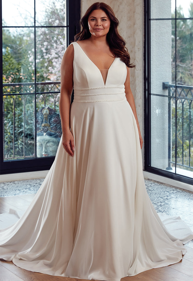 Plus Size V Neck Satin Sleeveless Court Train A Line Plain Wedding