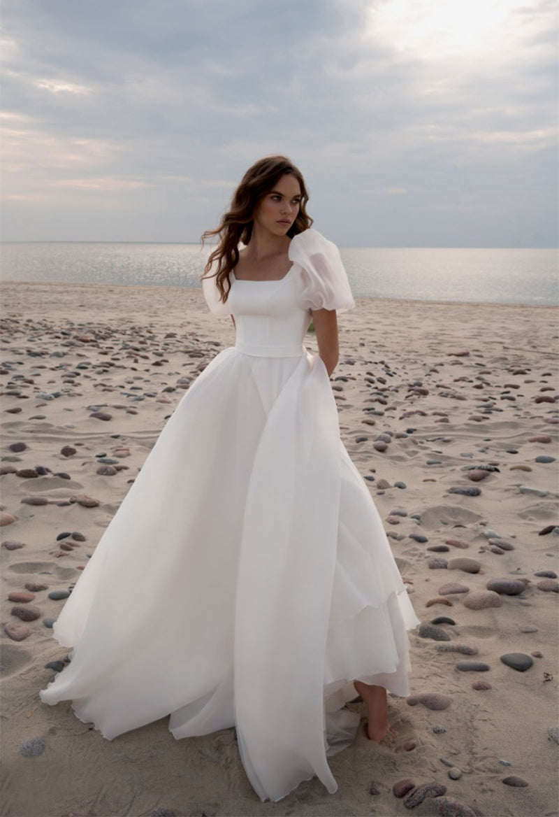 Square Neck Puff Sleeve Chiffon Princess Sweep Train Wedding Dress ...