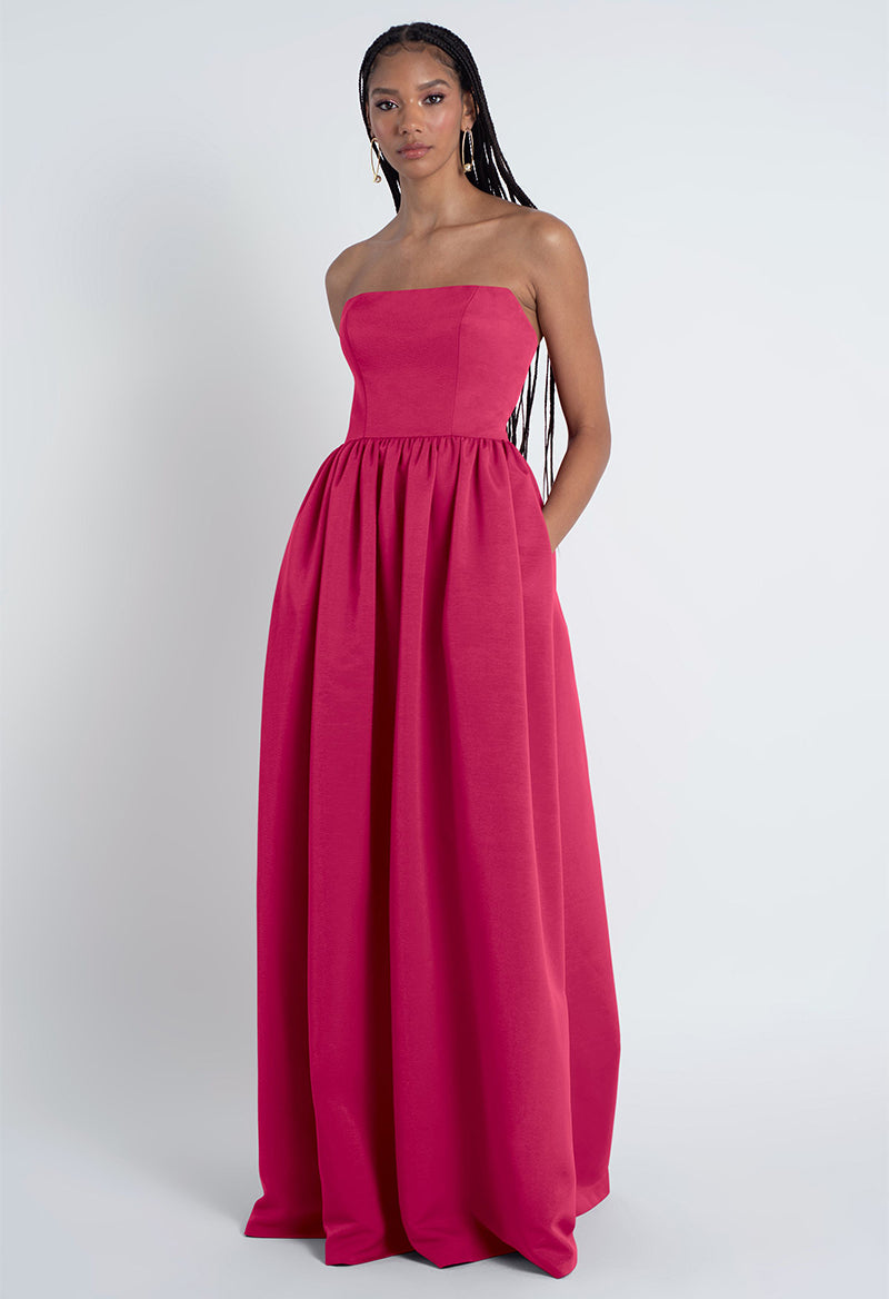 Straight Neck Sleeveless Satin Pockets Floor Length Bridesmaid Dress   Pandrodressy