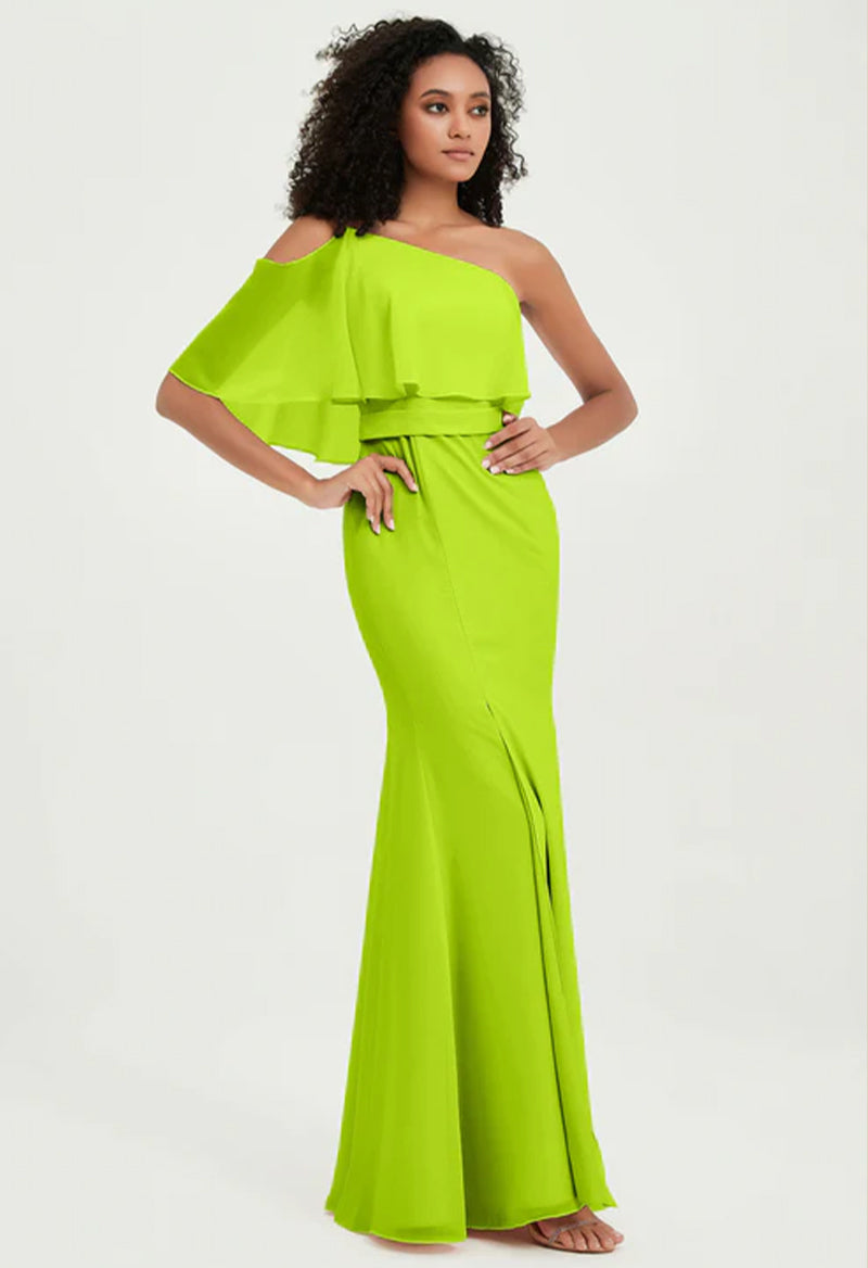 Lime Green One Shoulder Sleeveless Slit Chiffon Floor Length Bridesmaid Dress