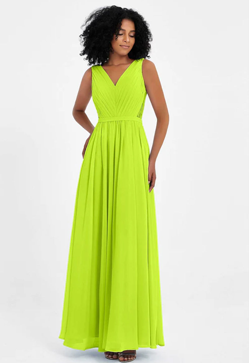 Lime Green V Neck Sleeveless Pleated Chiffon Floor Length Bridesmaid Dress As Picture