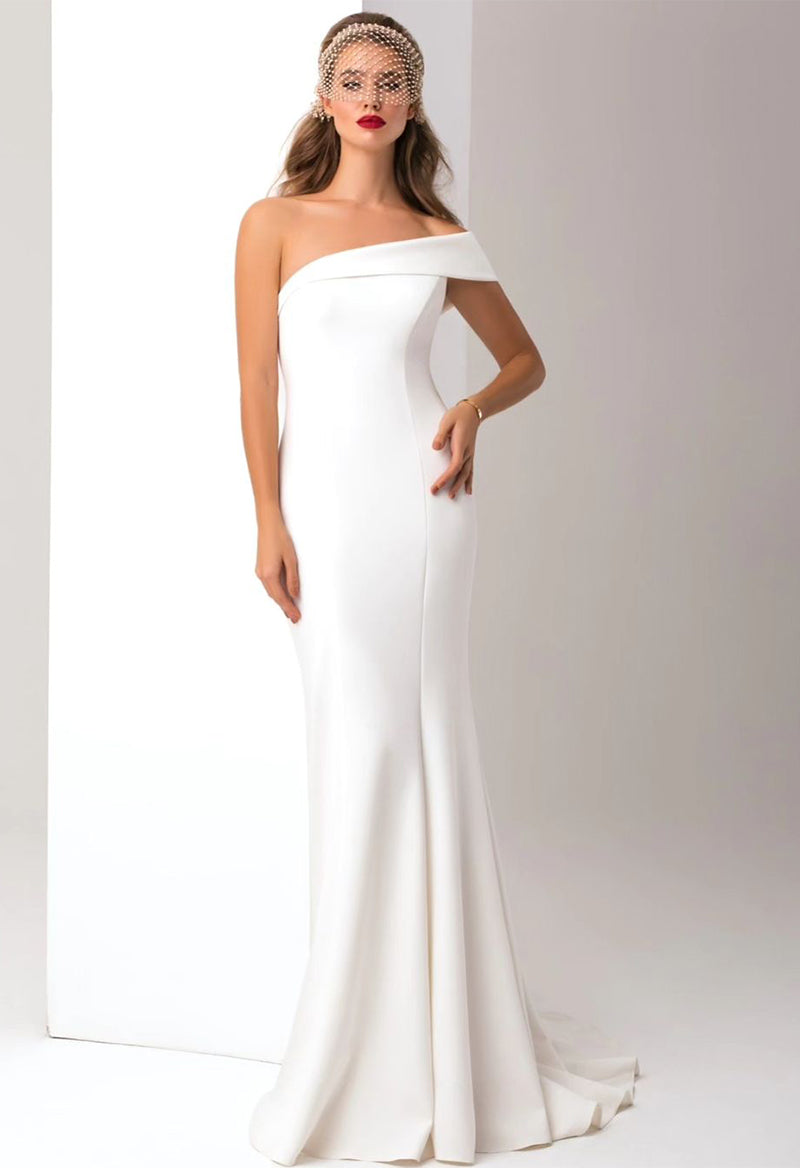 Simple One Shoulder Sheath Satin Wedding Dress With Ruffle Overskirt Pandrodressy Simple One Shoulder Sheath Satin Wedding Dress With Ruffle Overskirt Pandrodressy