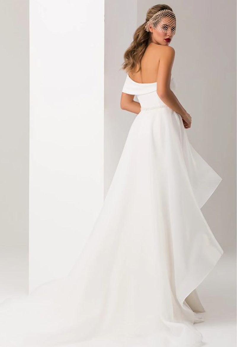 Simple One Shoulder Sheath Satin Wedding Dress With Ruffle Overskirt