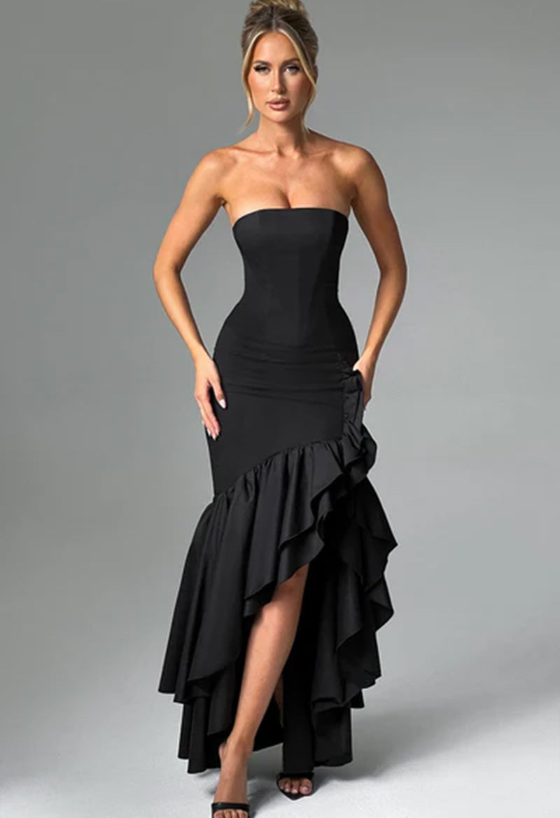 Straight Neck Sleeveless Slit Ruffle Floor Length Sheath Evening Dress Pandrodressy Straight Neck Sleeveless Slit Ruffle Floor Length Sheath Evening Dress Pandrodressy