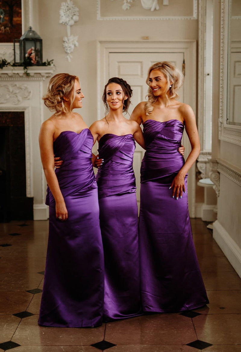 Sweetheart Neck Satin Pleated A Line Floor Length Bridesmaid Dress Purple