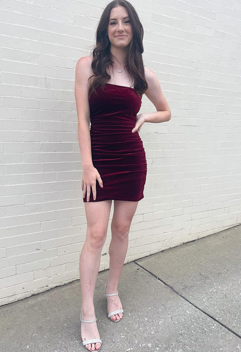 Short Navy Blue Homecoming Dress Sheer High Neck Wine Red Velvet Strapless  Bodycon Short Homecoming Dress