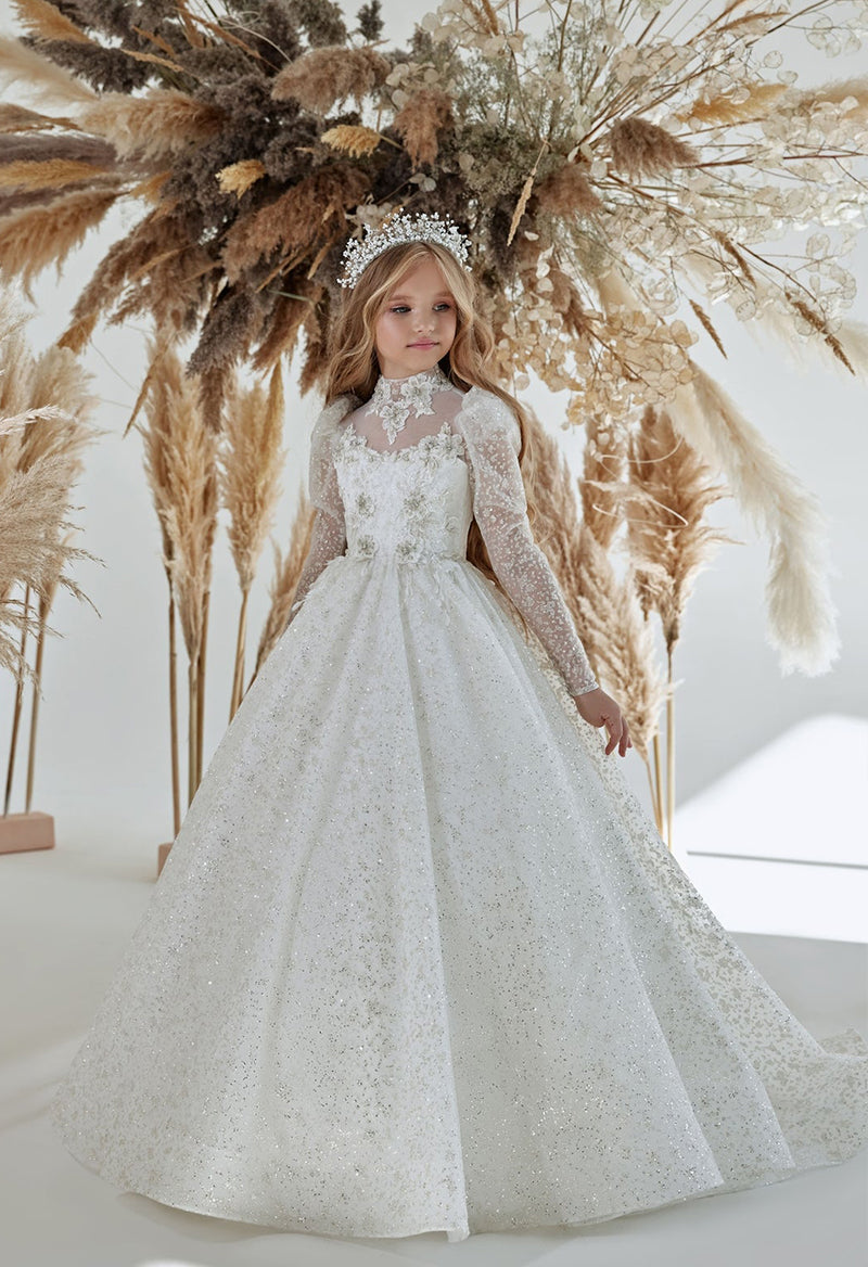 High Neck Long Sleeve Flower Sequin Princess Sweep Train Flower