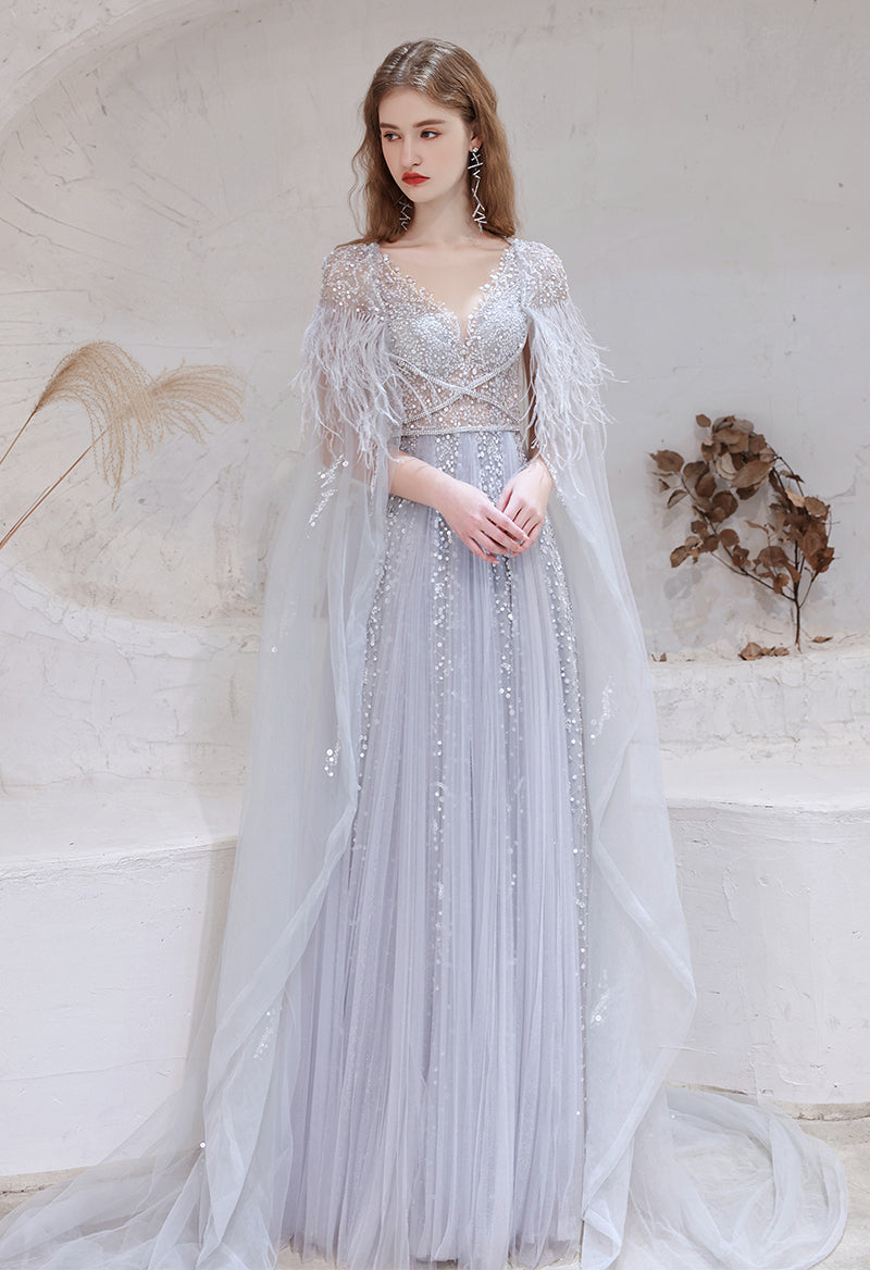 V Neck Sequined Tulle Sleeveless A Line Floor Length Evening Dress