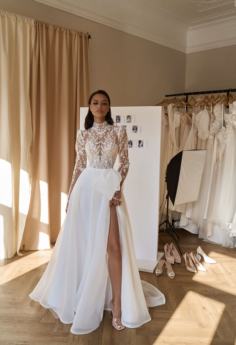 High Neck Long Sleeve Bow Lace Slit Sweep Train Wedding Dress