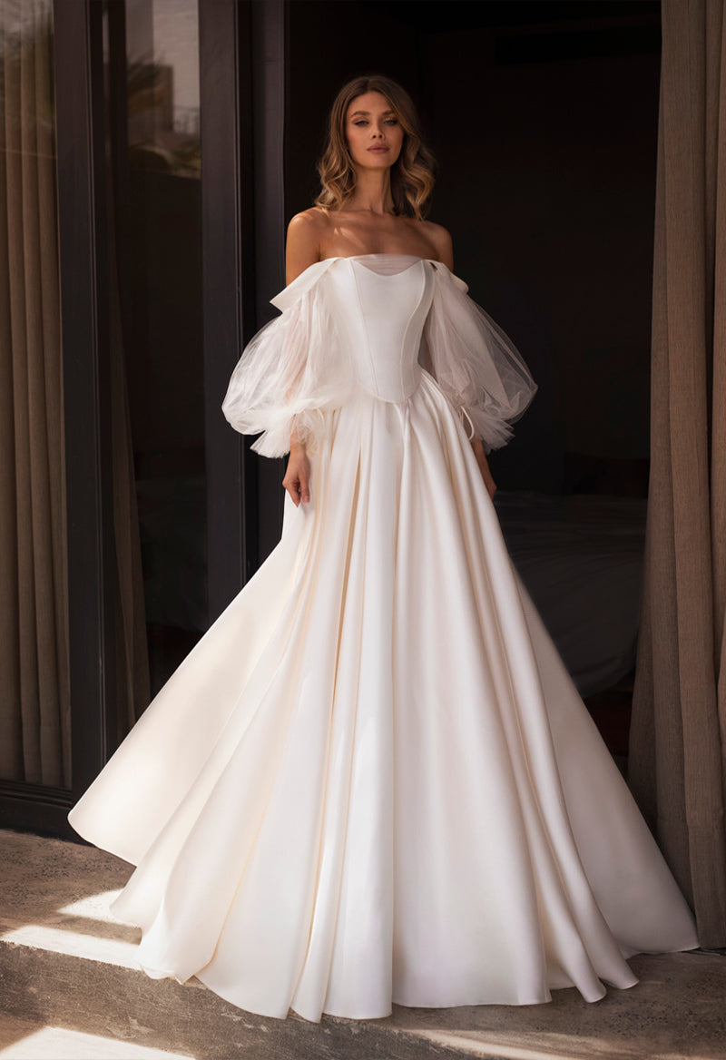 Straight Neck Puff Sleeve Satin Backless Floor Length Wedding Dress As Picture