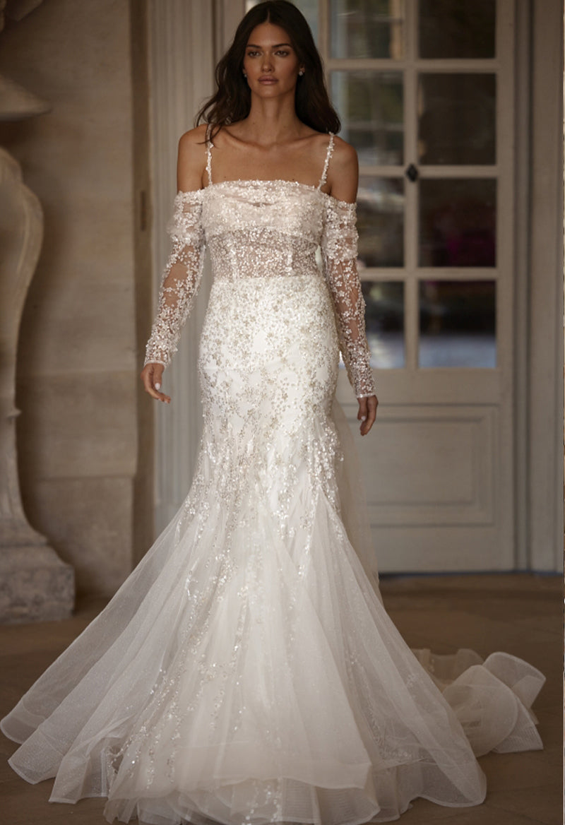 Boat Neck Sequin Tulle Mermaid Court Train Wedding Dress With