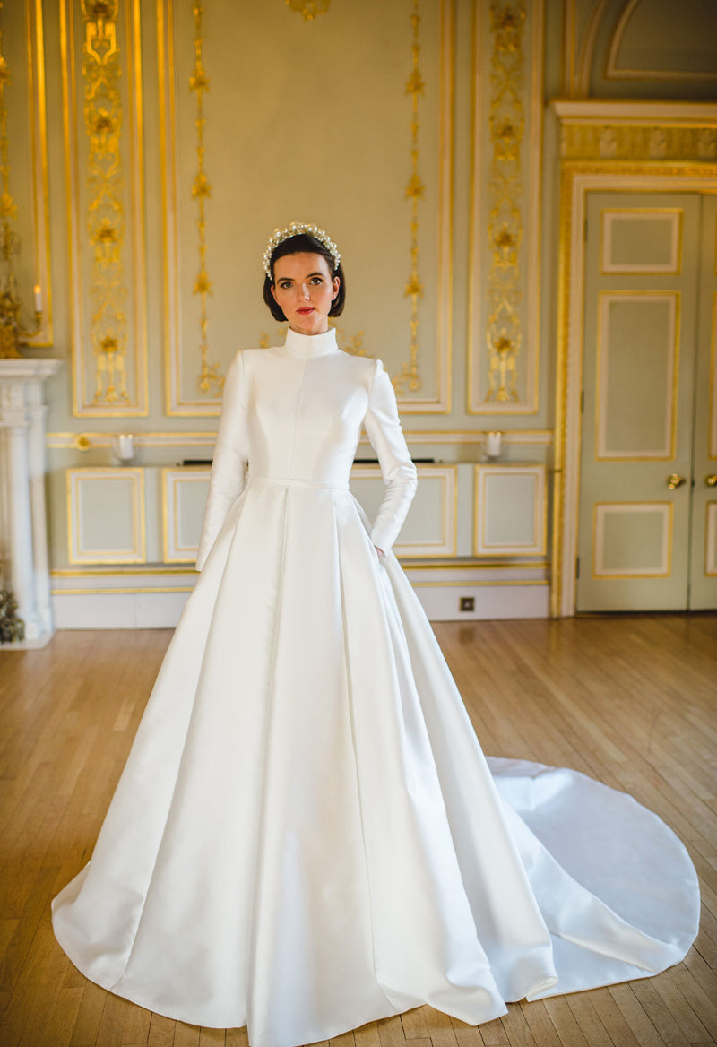 Simple High Neck Long Sleeve Satin Chapel Train Wedding Dress As Picture