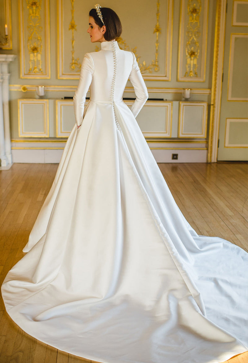 Simple High Neck Long Sleeve Satin Chapel Train Wedding Dress