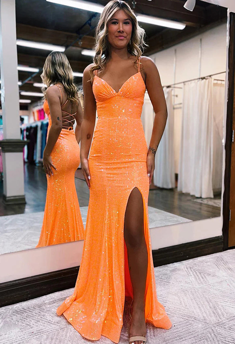 V Neck Sleeveless Sheath Sequin Slit Count Train Prom Dress As Picture