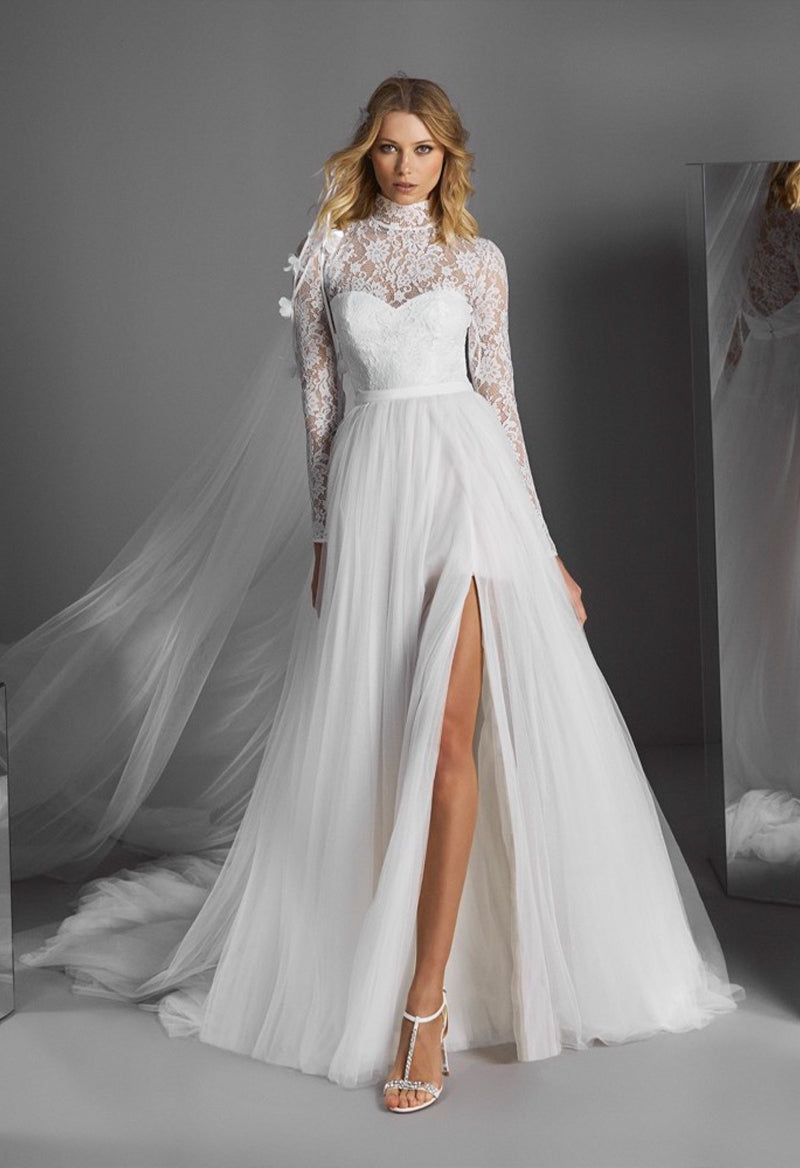 Conservative Long Sleeves High Neck Slits Tulle Chapel Train Wedding Dress As Picture