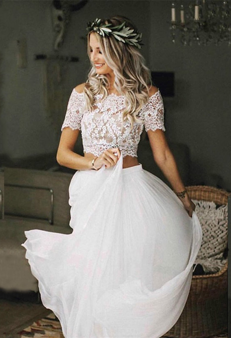 Bohemian Jeweled Neck Short Sleeve Two-Piece Wedding Dress