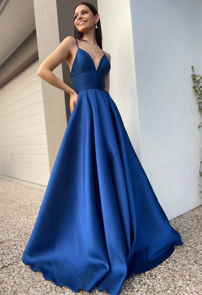 Plain Satin V Neck Sleeveless Sweep Train Evening Dress – Pandrodressy