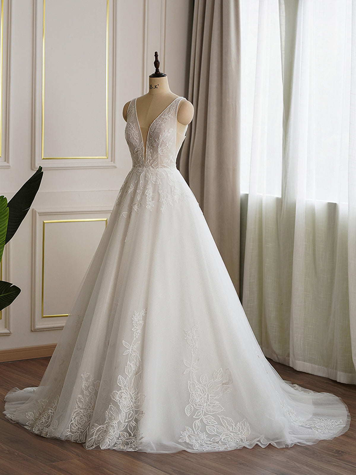 Beaded Neckline Lace Ball Gown Wedding Dress