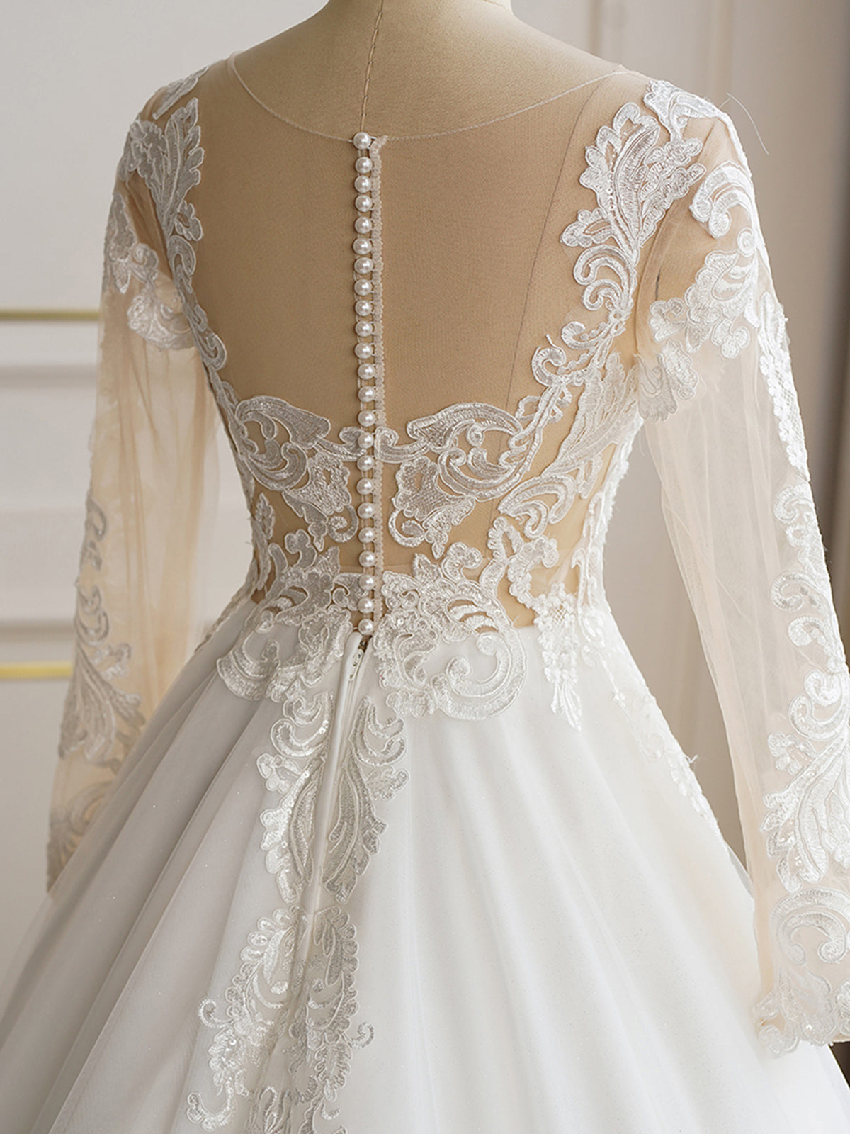 Illusion Neckline Long Sleeve Lace with Peals Wedding Dress