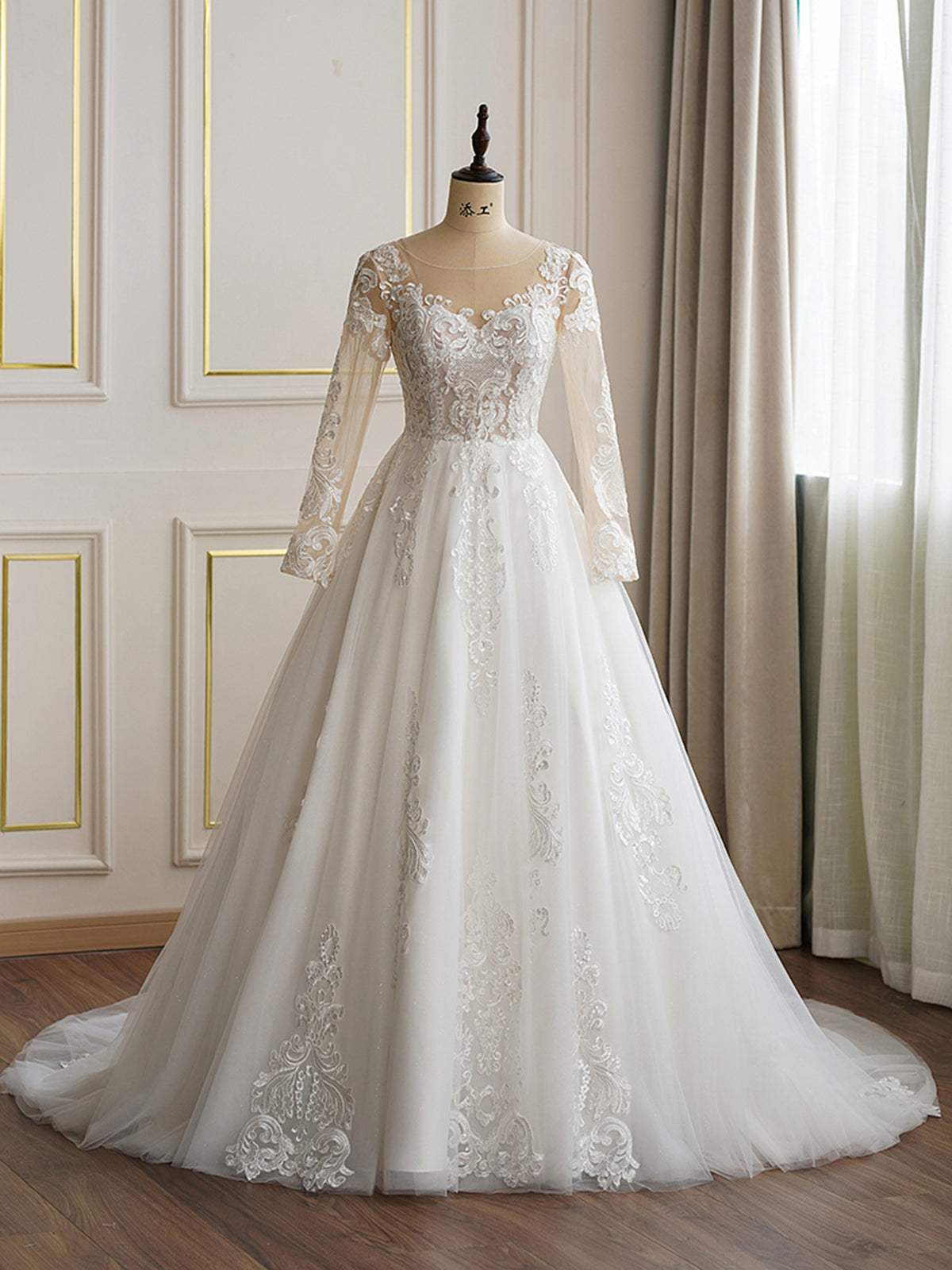 Illusion Neckline Long Sleeve Lace with Peals Wedding Dress As Picture