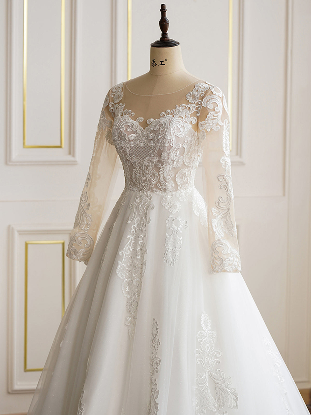 Illusion Neckline Long Sleeve Lace with Peals Wedding Dress