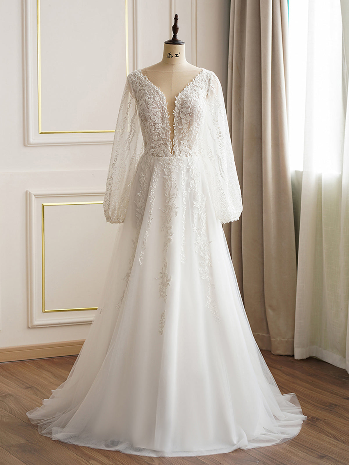 Lace Long Sleeve Plunging Neckline Wedding Dress As Picture