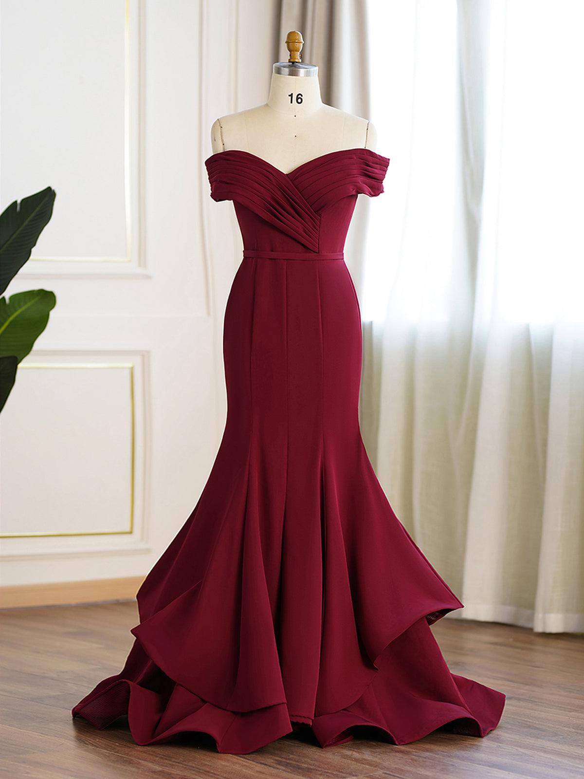Burgundy Off-the-shoulder Trumpet Ruffle Evening Dress Pandrodressy Burgundy Off-the-shoulder Trumpet Ruffle Evening Dress Pandrodressy