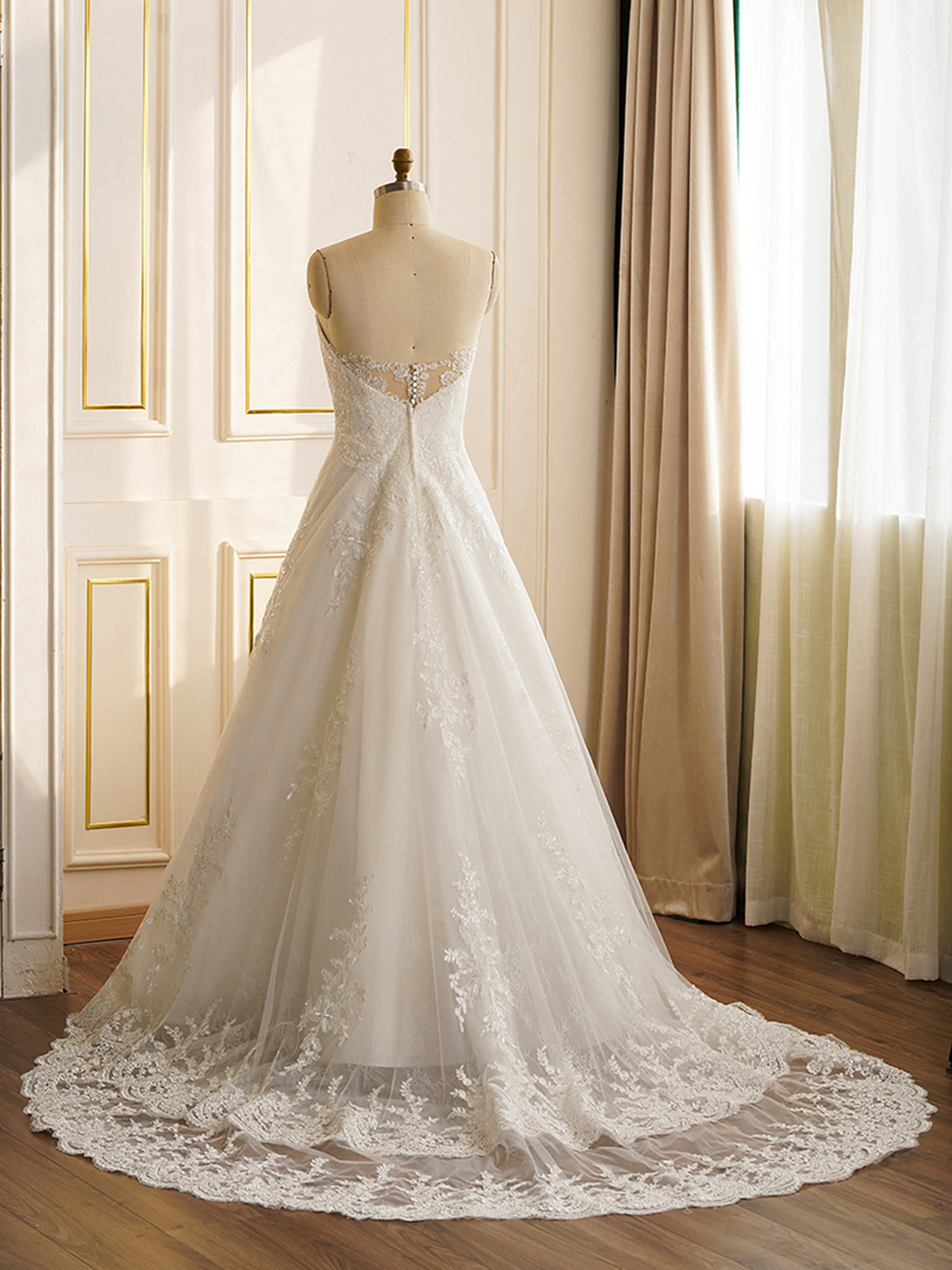 Strapless Whole Lace Double Count Train Wedding Dress