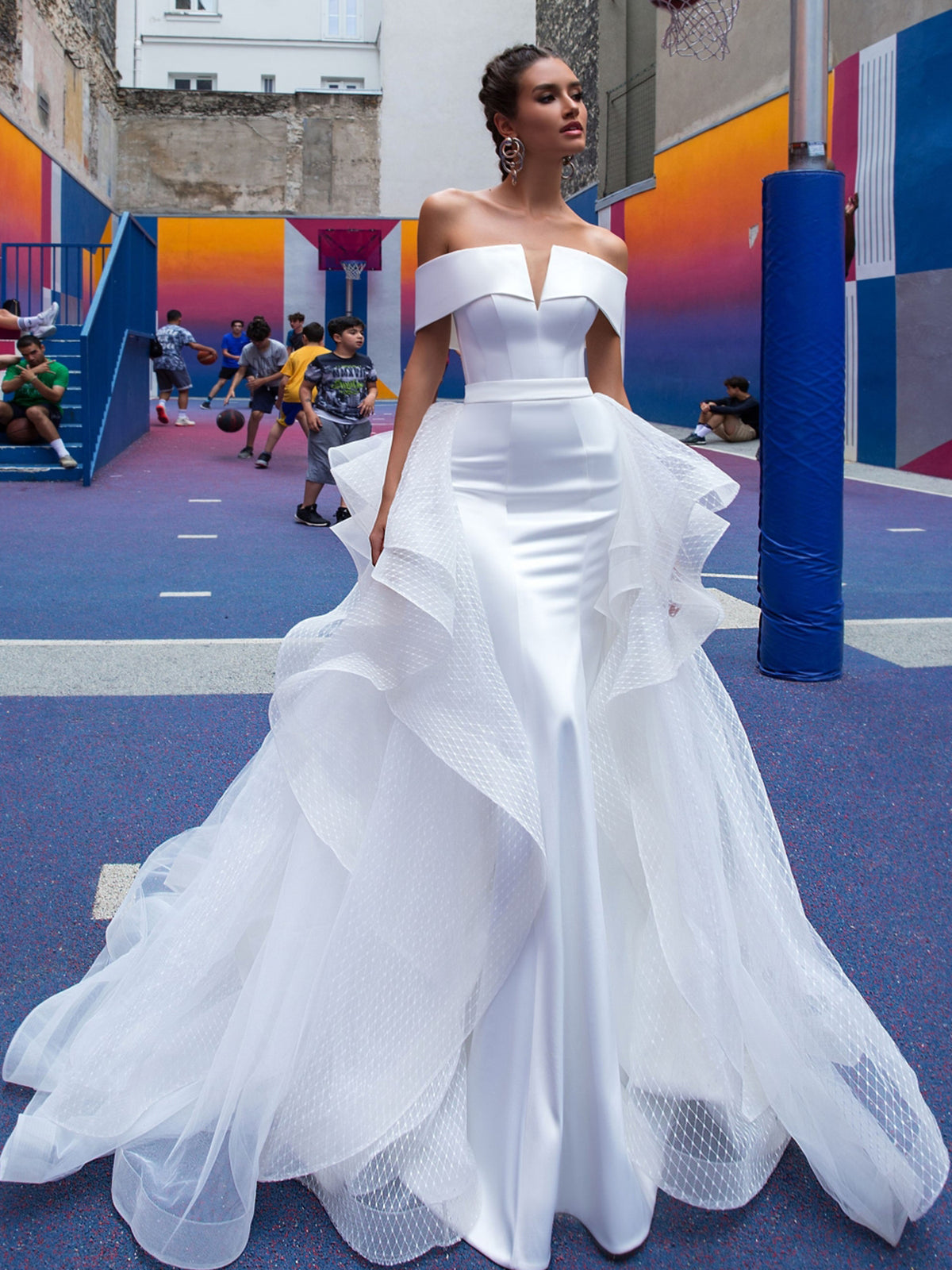 Satin Off-the-shoulde Overskirt Fit and Flare Wedding Dress Pandrodressy Satin Off-the-shoulde Overskirt Fit and Flare Wedding Dress Pandrodressy