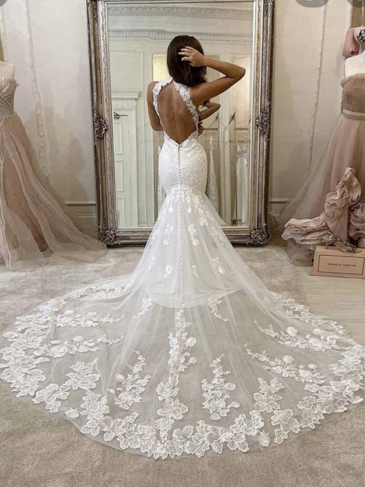 Halter Sleeveless Fit and Flare Wedding Dress With Lace