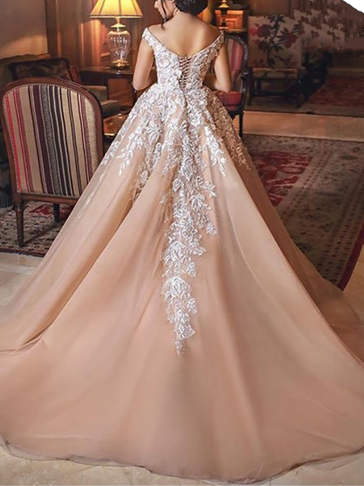 Champagne Lace Off-the-shoulder Wedding Dress Pandrodressy Champagne Lace Off-the-shoulder Wedding Dress Pandrodressy