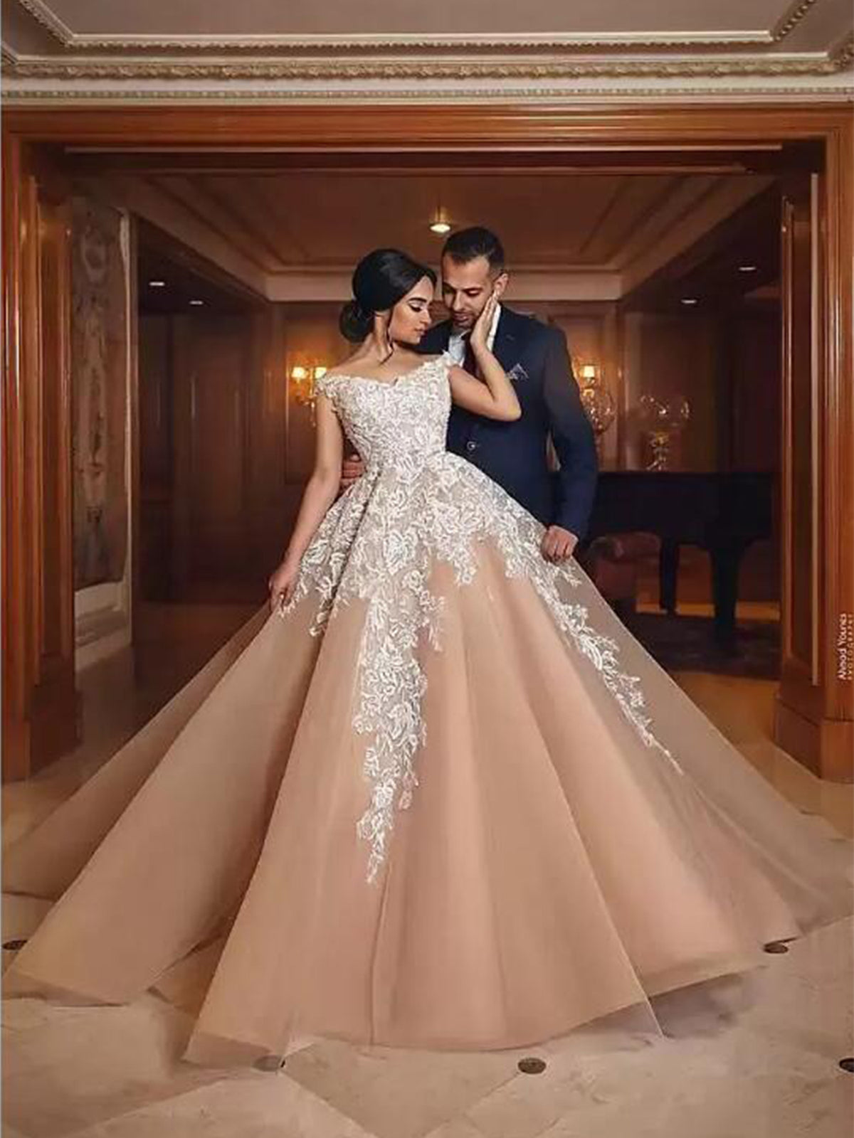 Lace Color Champagne Vestidos De 15 Vestido De Novia Con Hombros