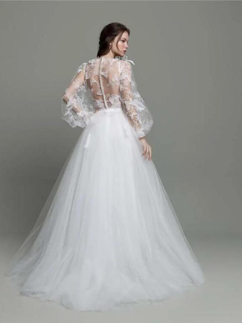 Romantic Jewel Neck Bow Lace Appliques Aline Wedding Dress