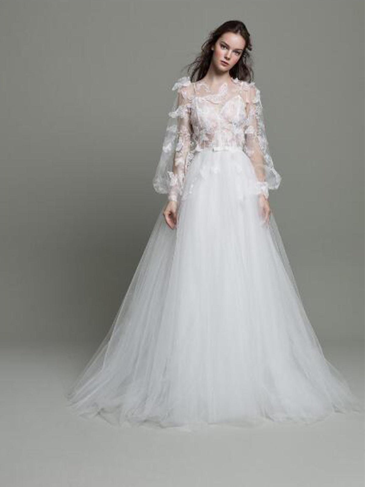Romantic Jewel Neck Bow Lace Appliques Aline Wedding Dress As Picture
