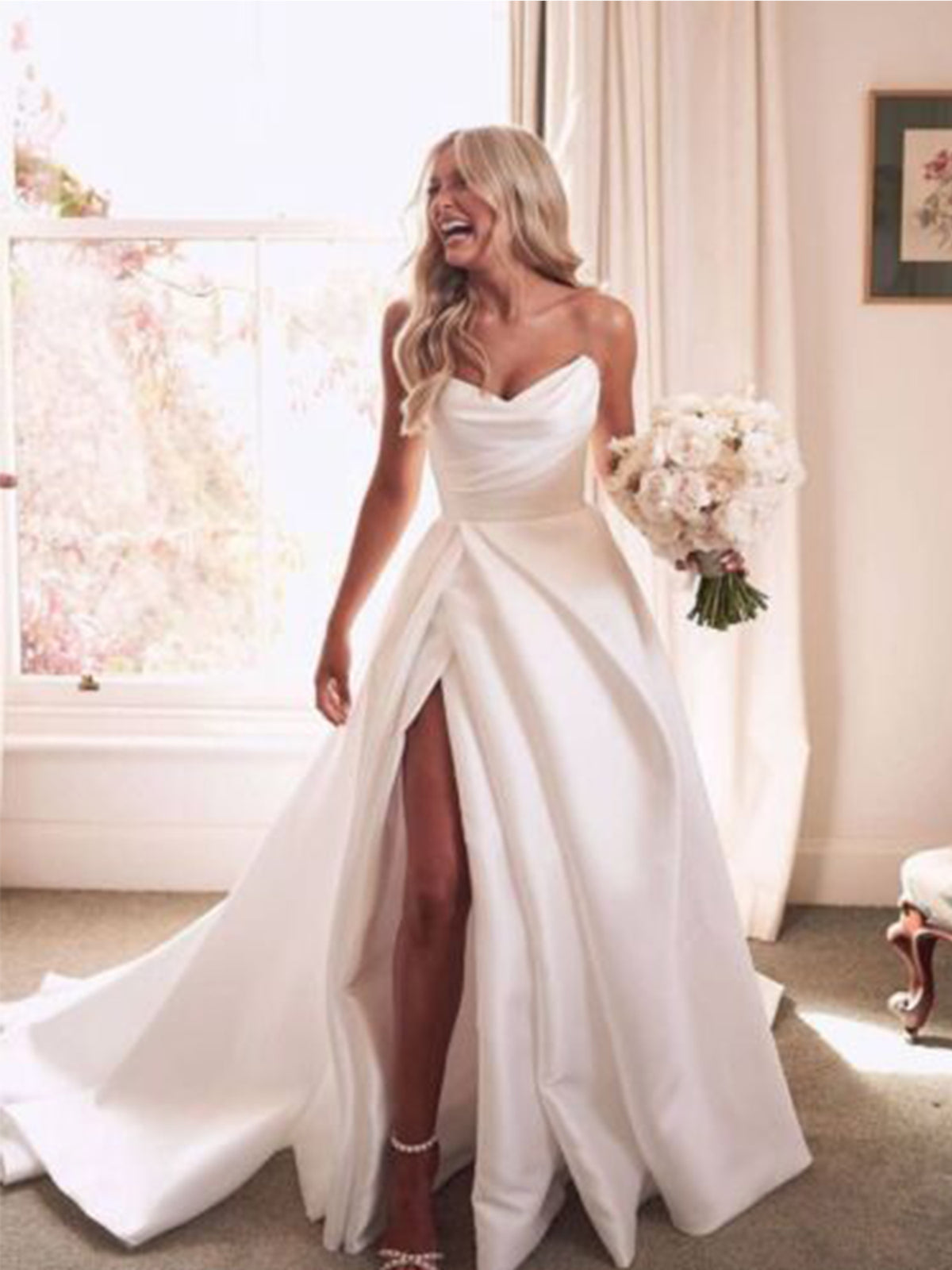 Strapless Pleated Split Aline Wedding Dress As Picture