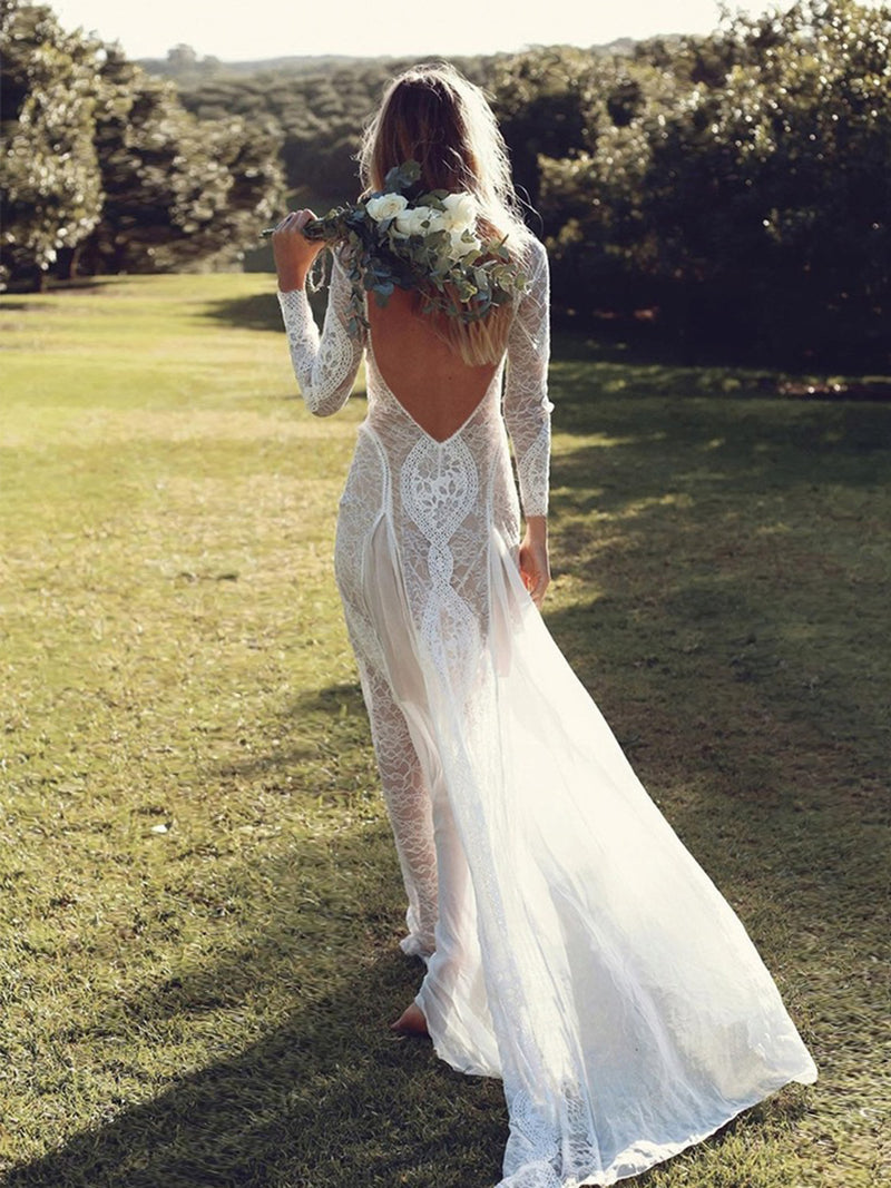Elegant Jewel Neck Lace Split Sheer Wedding Dress