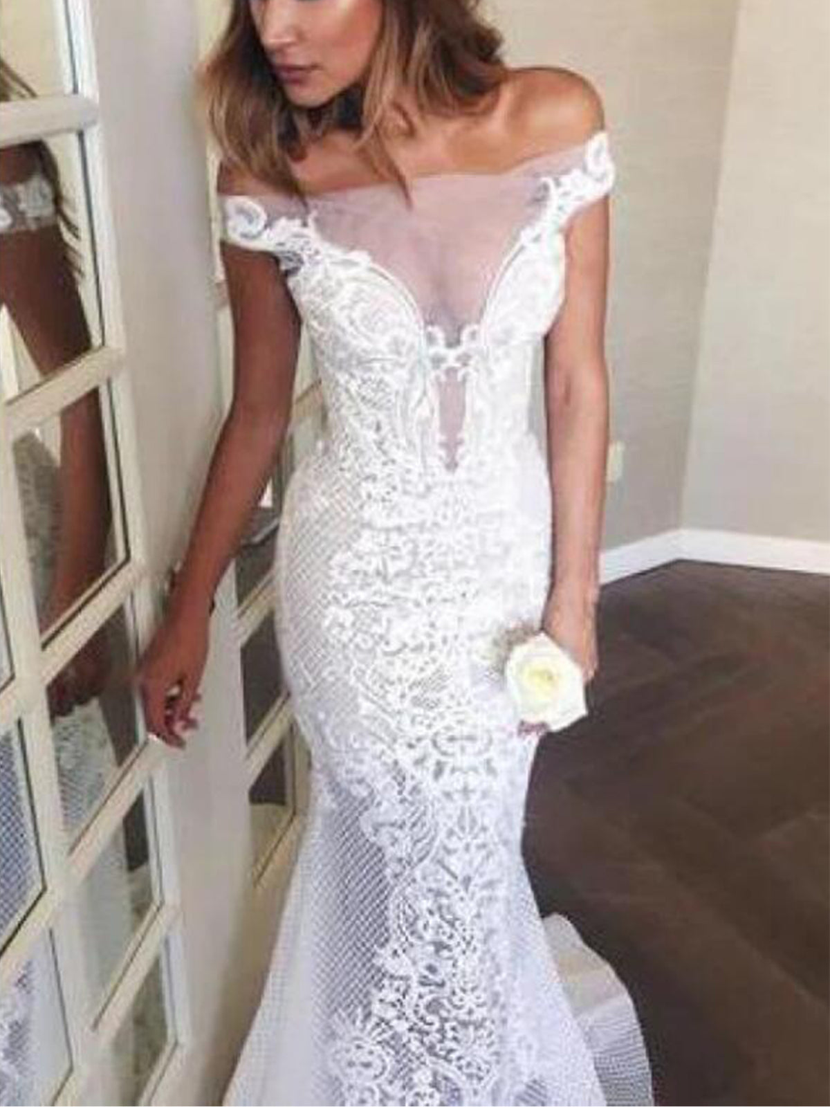 Illusion Neck Lace Off-the-shoulder Mermaid Wedding Dress As Picture