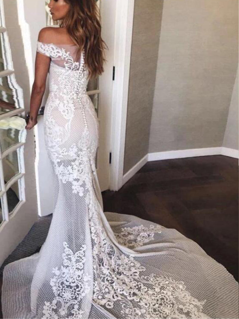 Illusion Neck Lace Off-the-shoulder Mermaid Wedding Dress