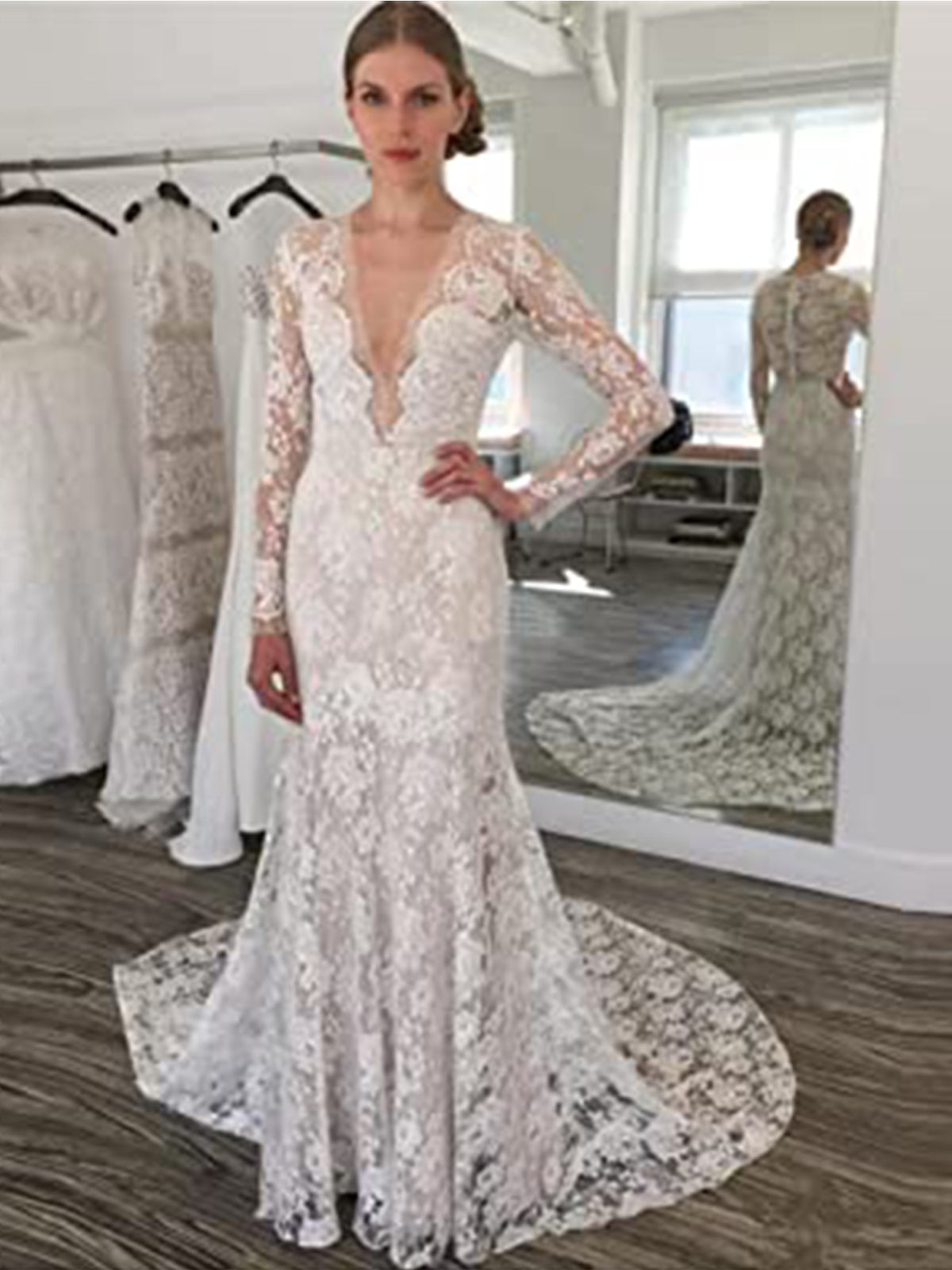 Romantic Lace Plunging Neck Fit and Flare Wedding Dress As Picture