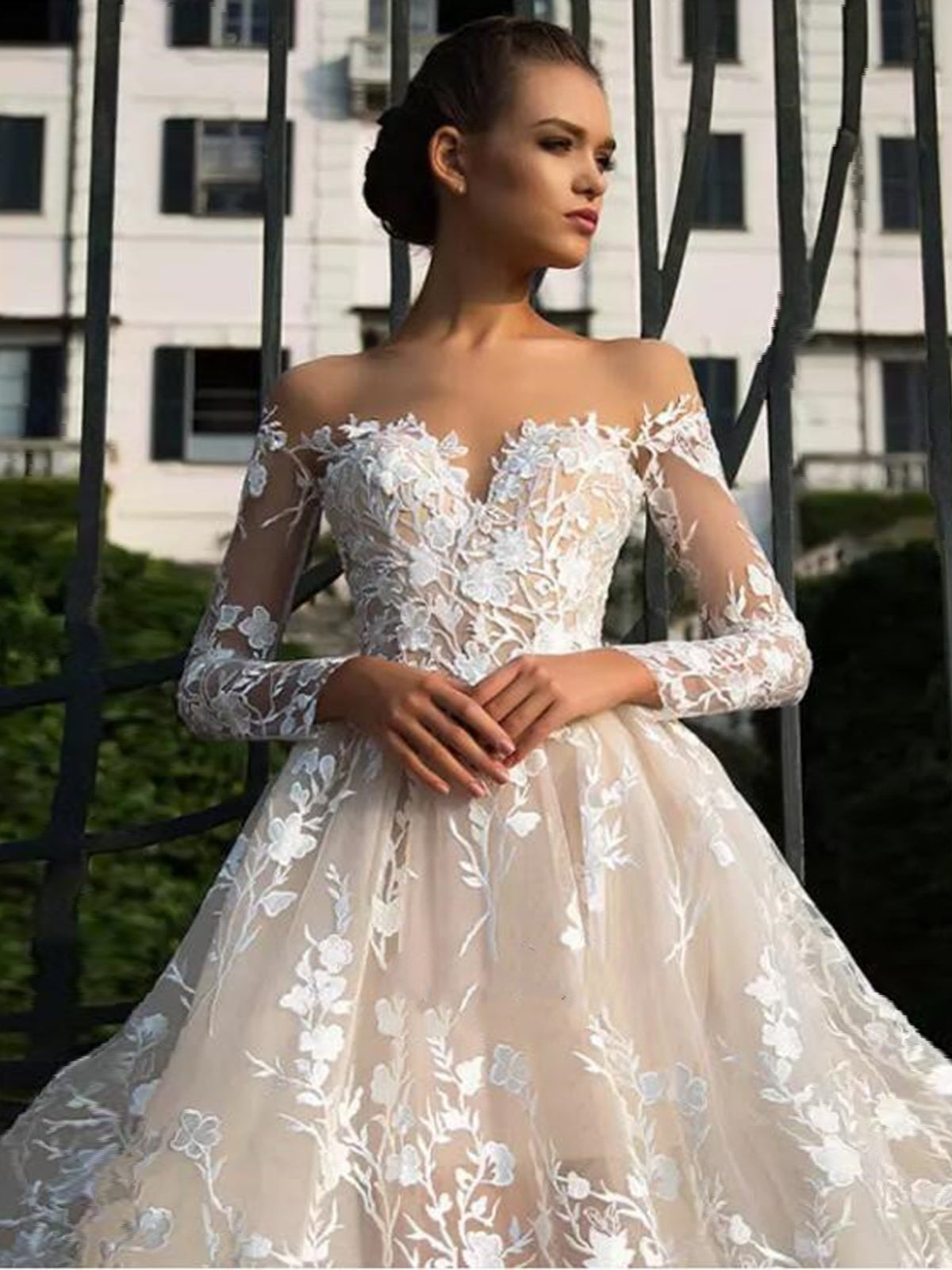 Straight Across Off-the-shoulder Lace Aline Wedding Dress