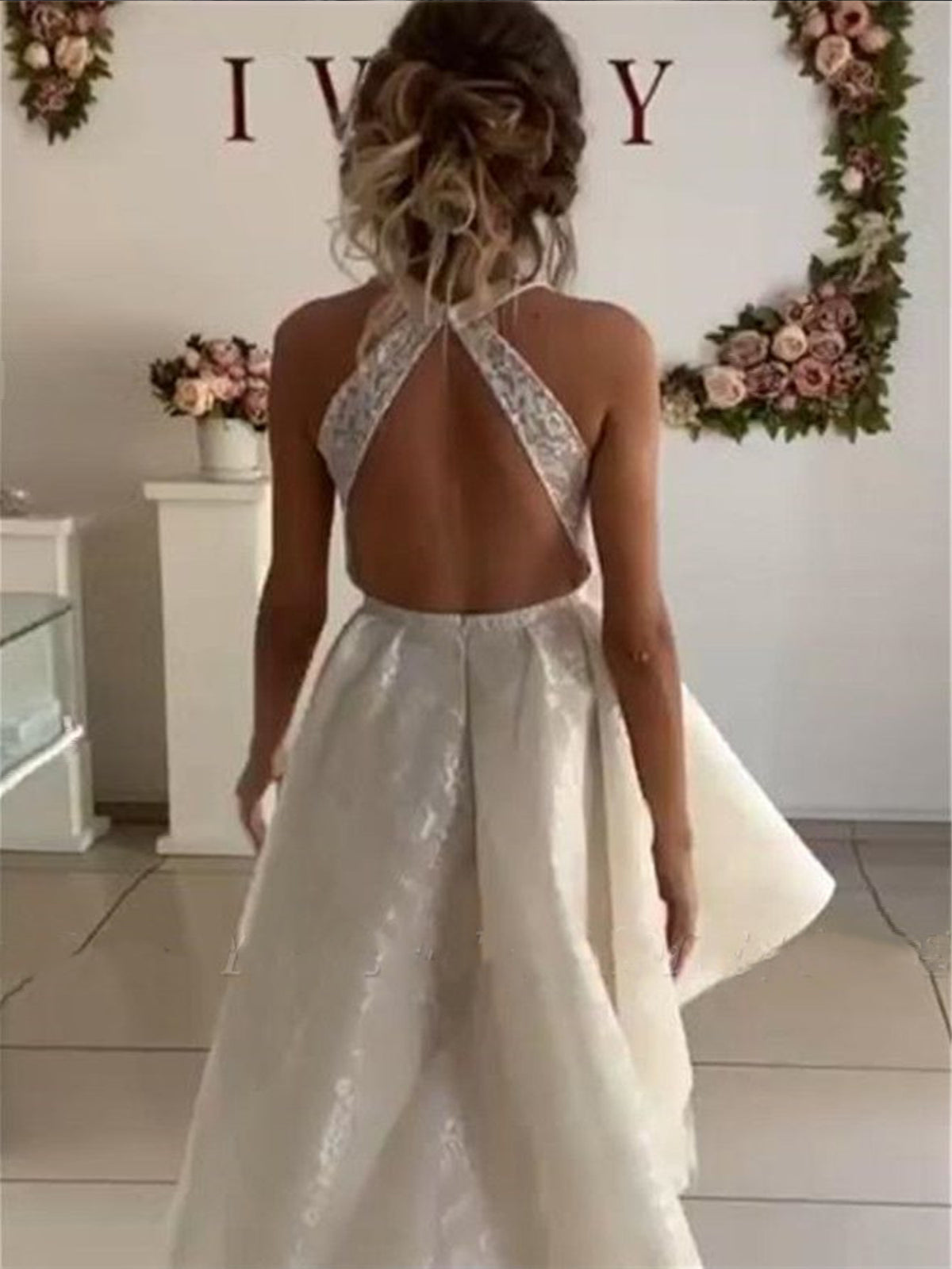 Simple Halter Wide Strap Open Back Wedding Dress