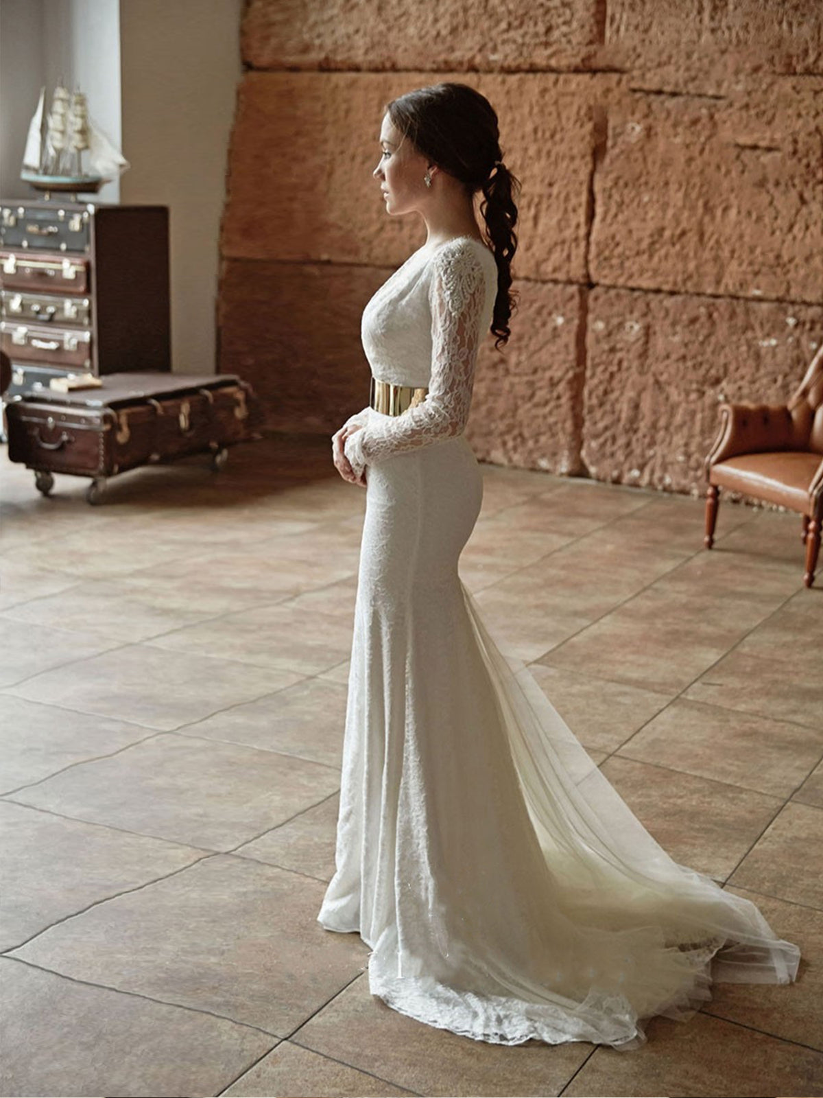 Casual Deep V Neck Lace Fit and Flare Wedding Dress