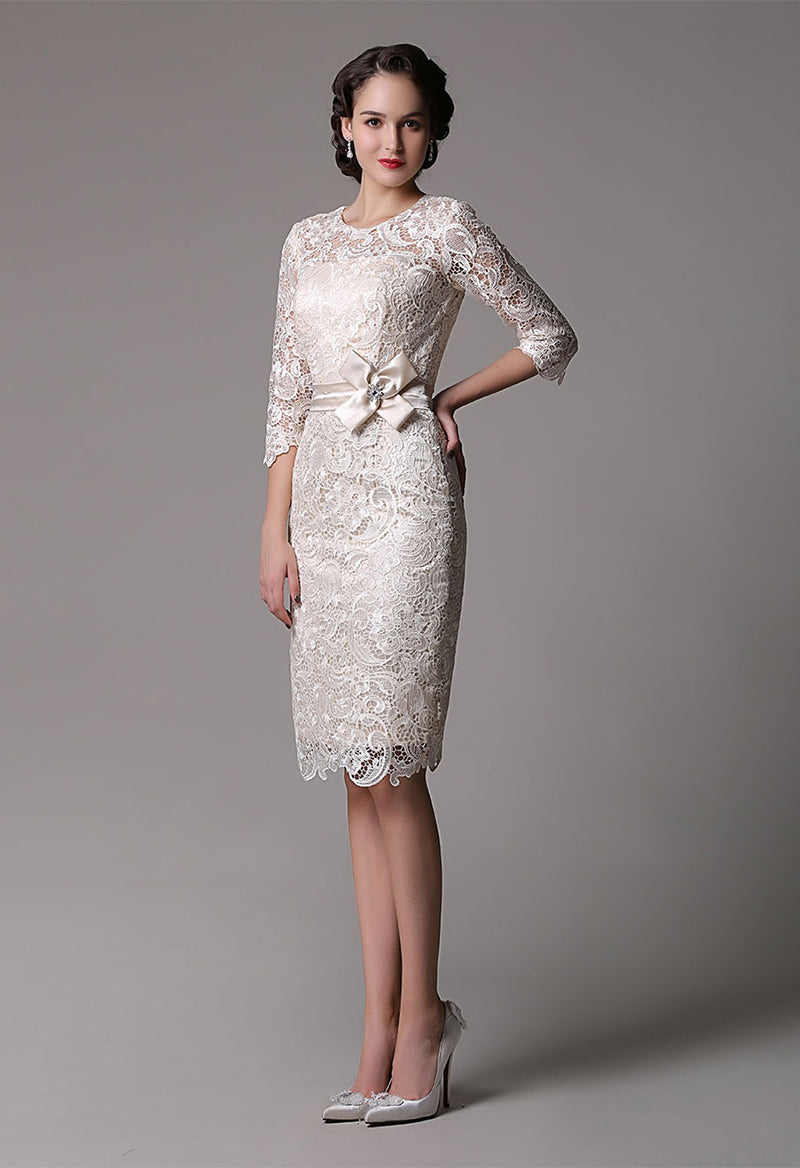 Lace Sheath Knee Length Half Sleeves Mother Of The Bride Dress With Satin Belt As Picture
