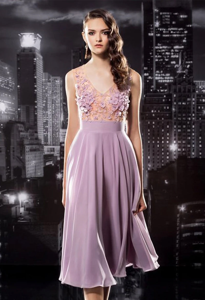 V Neck Flower Chiffon A Line Sleeveless Backless Knee Length Prom Dress As Picture