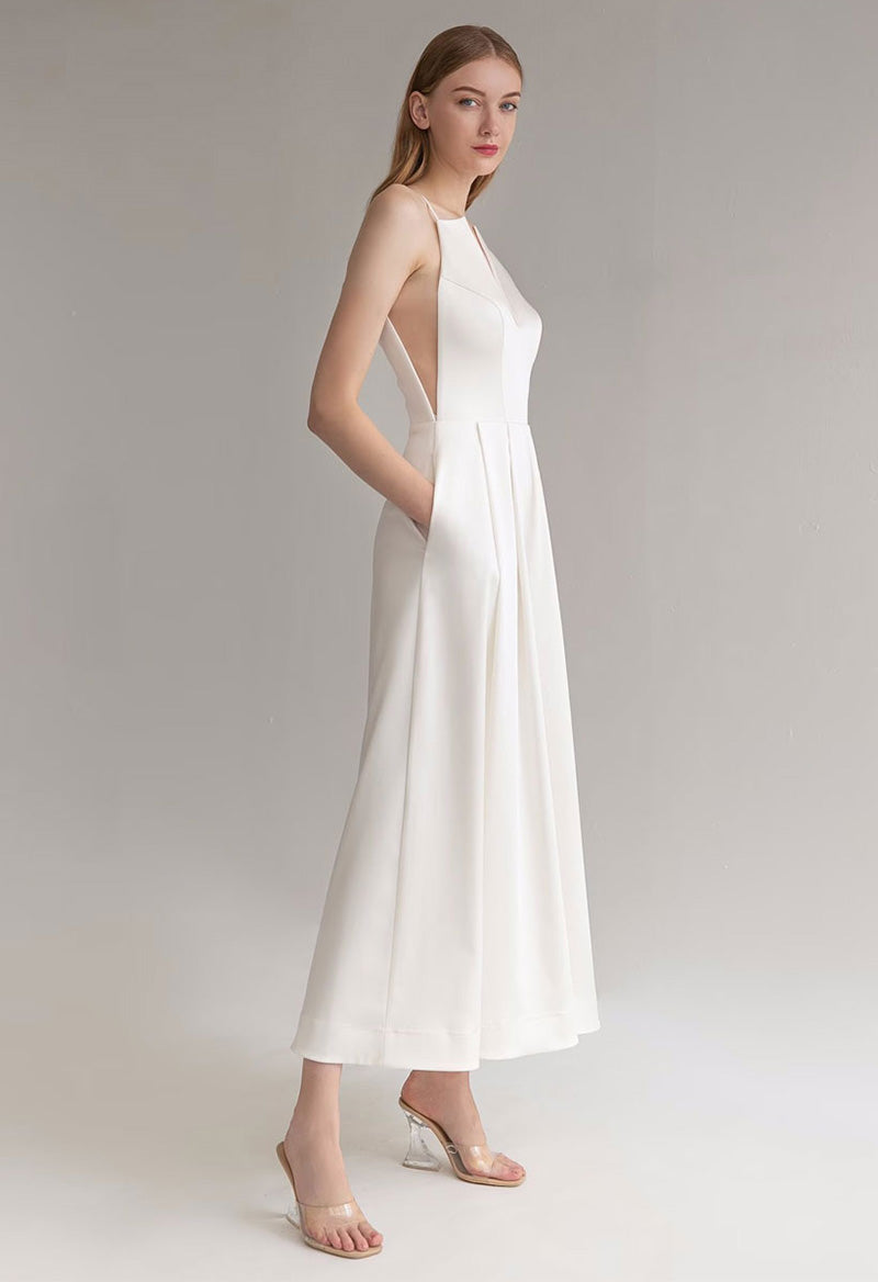 Pockets Ankle-Length A-Line V-Neck Sleeveless Wedding Dress