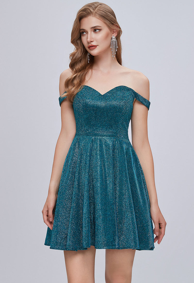 Off The Shoulder Shiny Satin A Line Sweetheart Neck Short Homecoming Dress