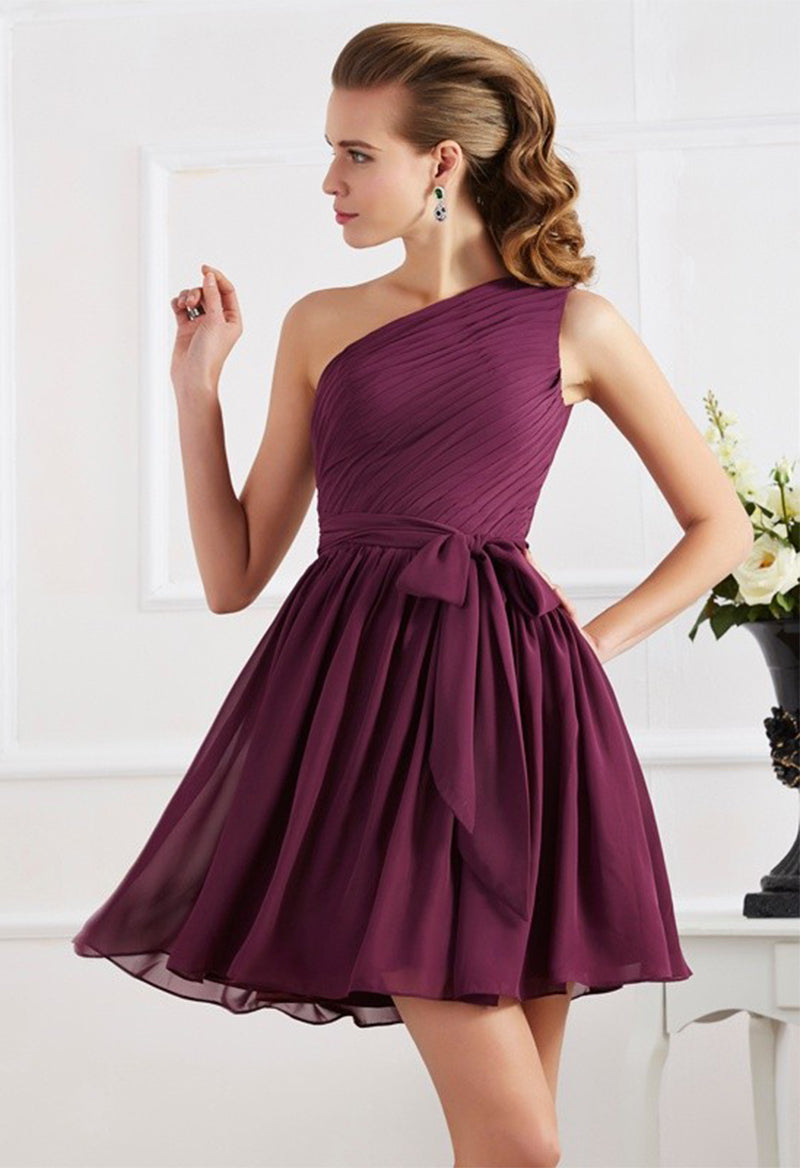 One Shoulder Chiffon Pleated Lace-Up Homecoming Dress As Picture