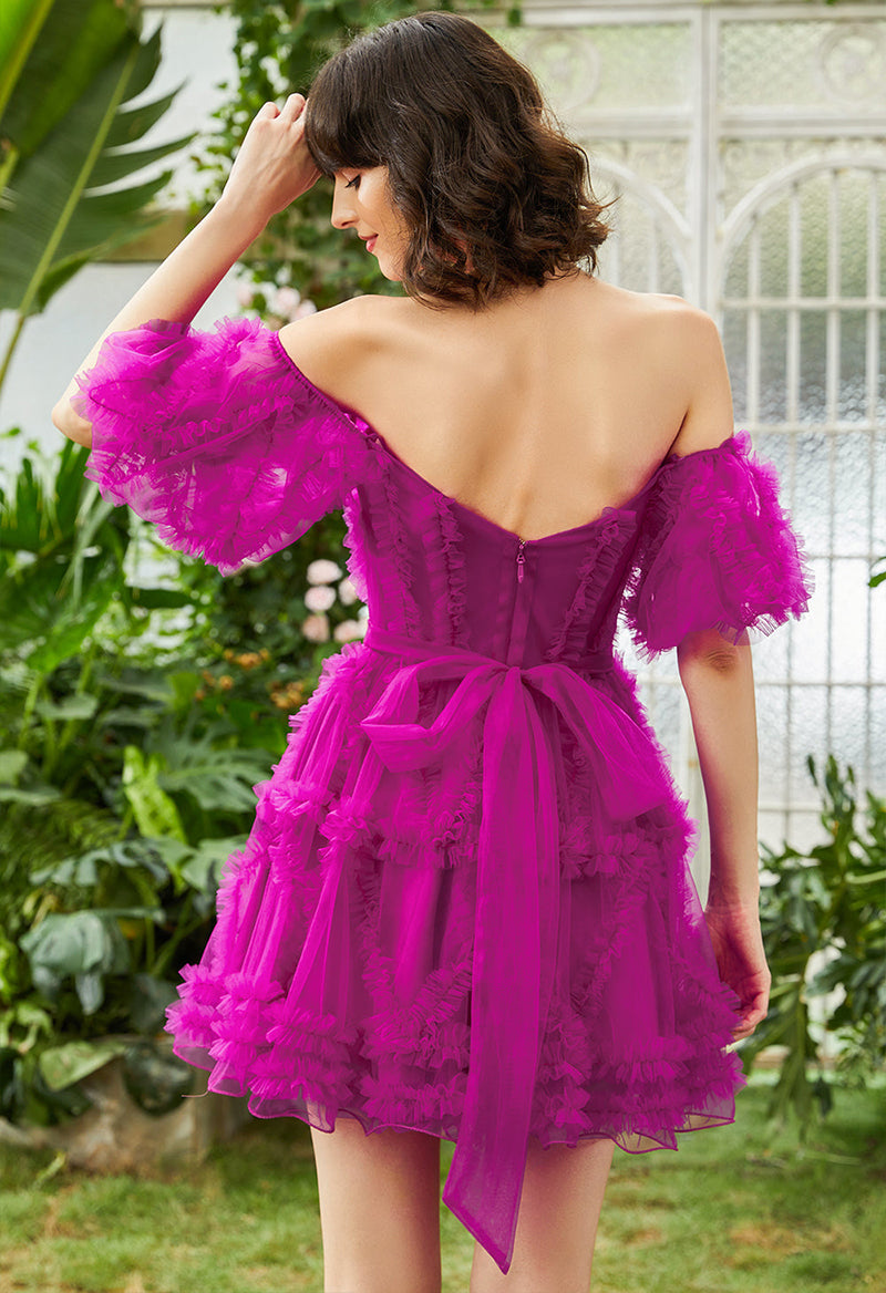 Sweetheart Neck Swag Sleeve Tulle A Line Lace-Up Short Homecoming Dress